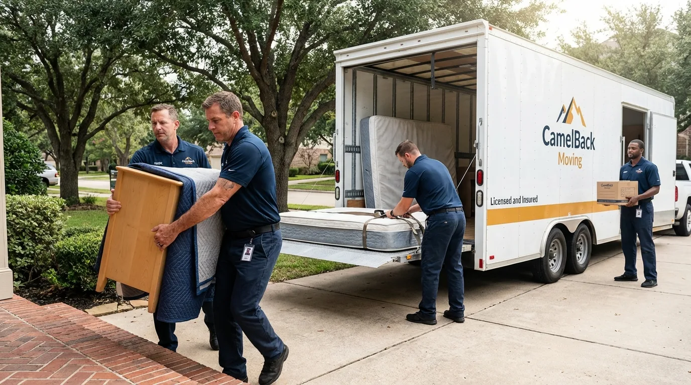 Crew loading residential truck for cross-state move from Princeton, NC