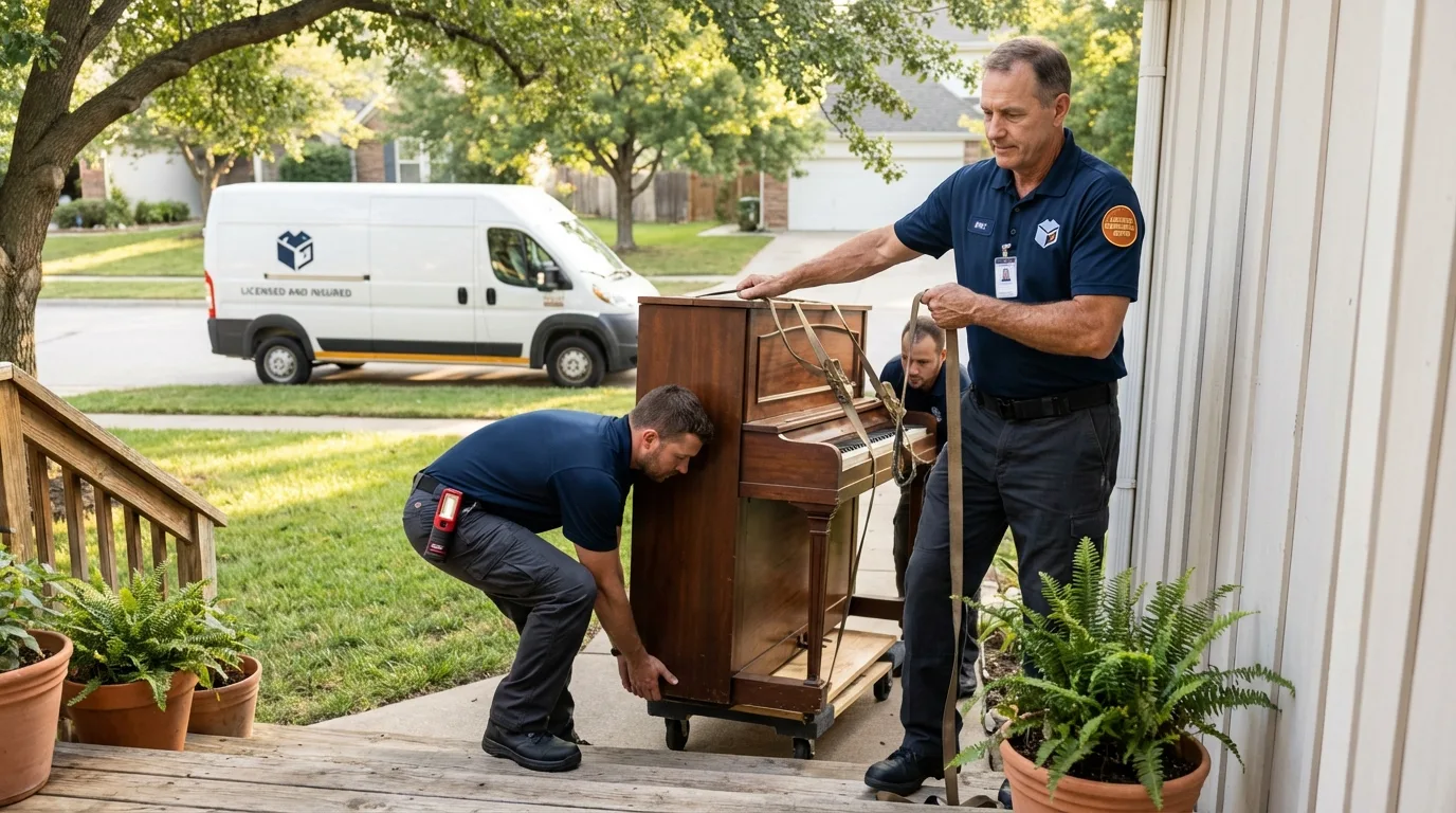 Licensed piano movers securing grand piano in Princeton, NC