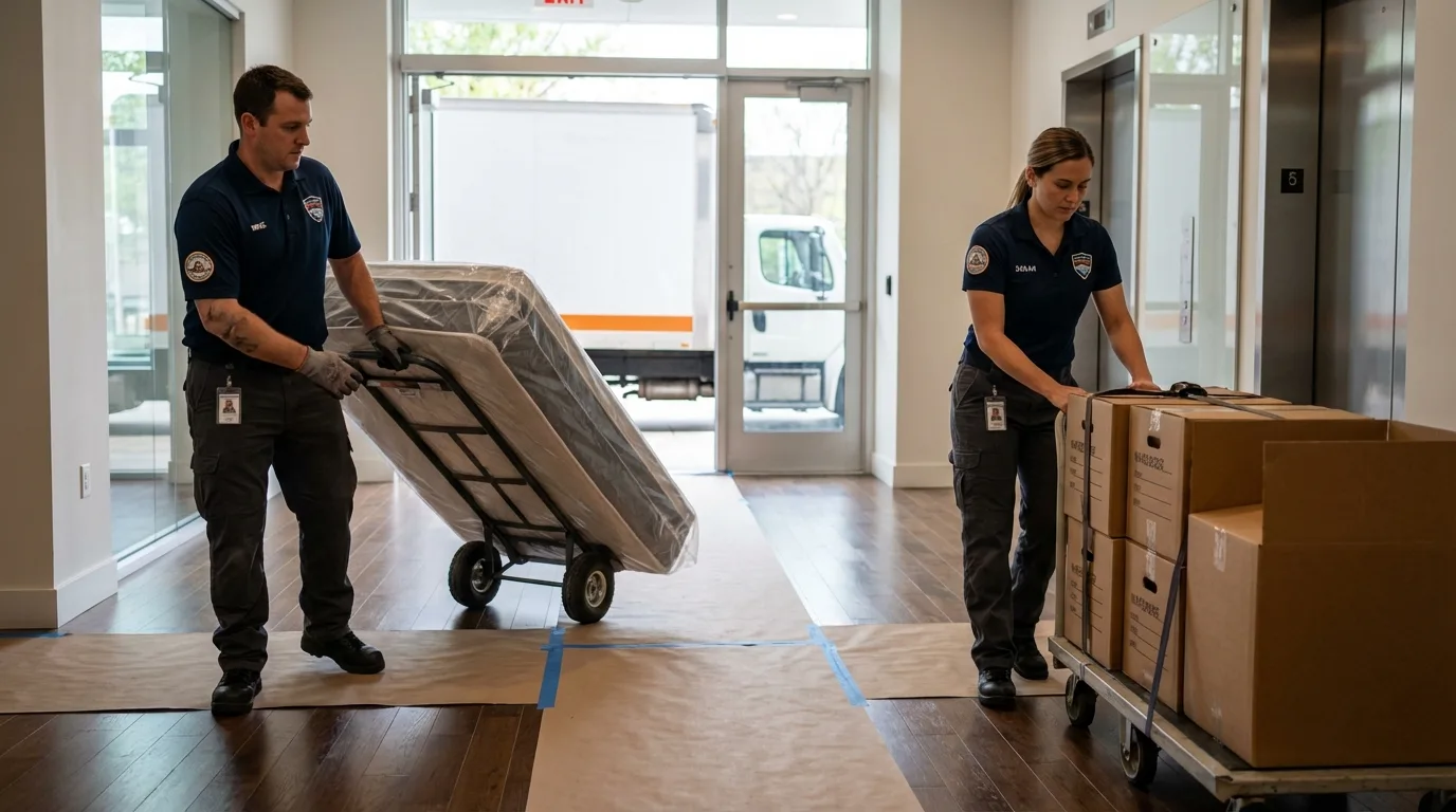 Professional apartment movers loading elevator in Princeton, NC